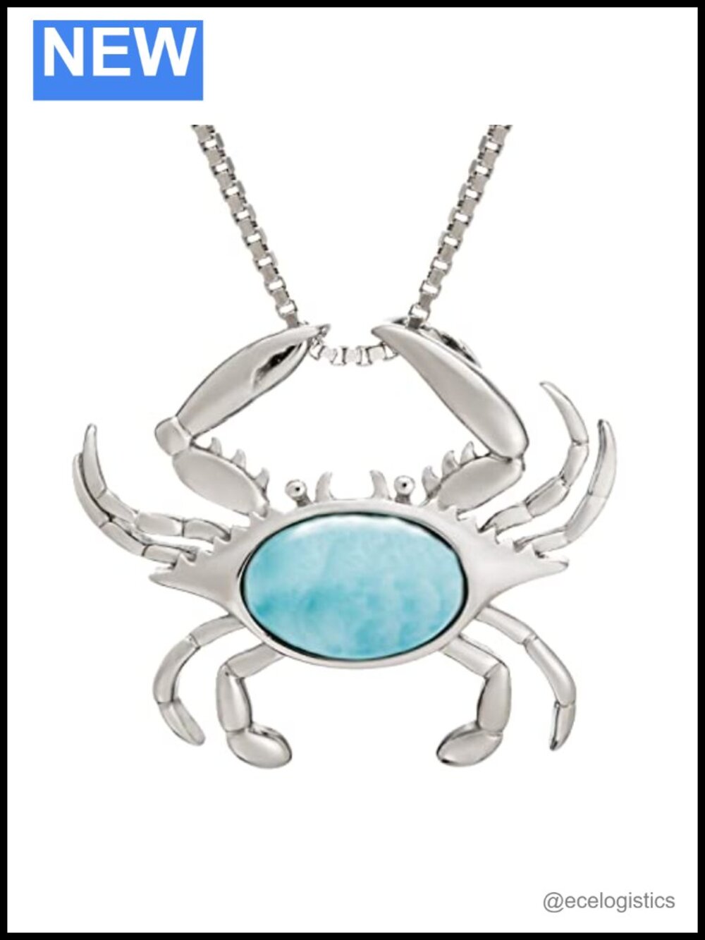 925 Sterling Silver Larimar Crab Pendant Necklace 18in Box Chain Hypoallergenic